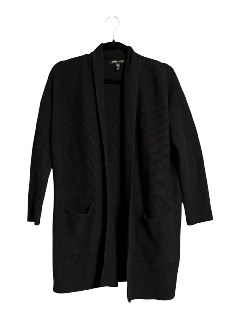 Eileen Fisher 100% Cashmere Open Front Cardigan Sweater Black M Quiet Luxury